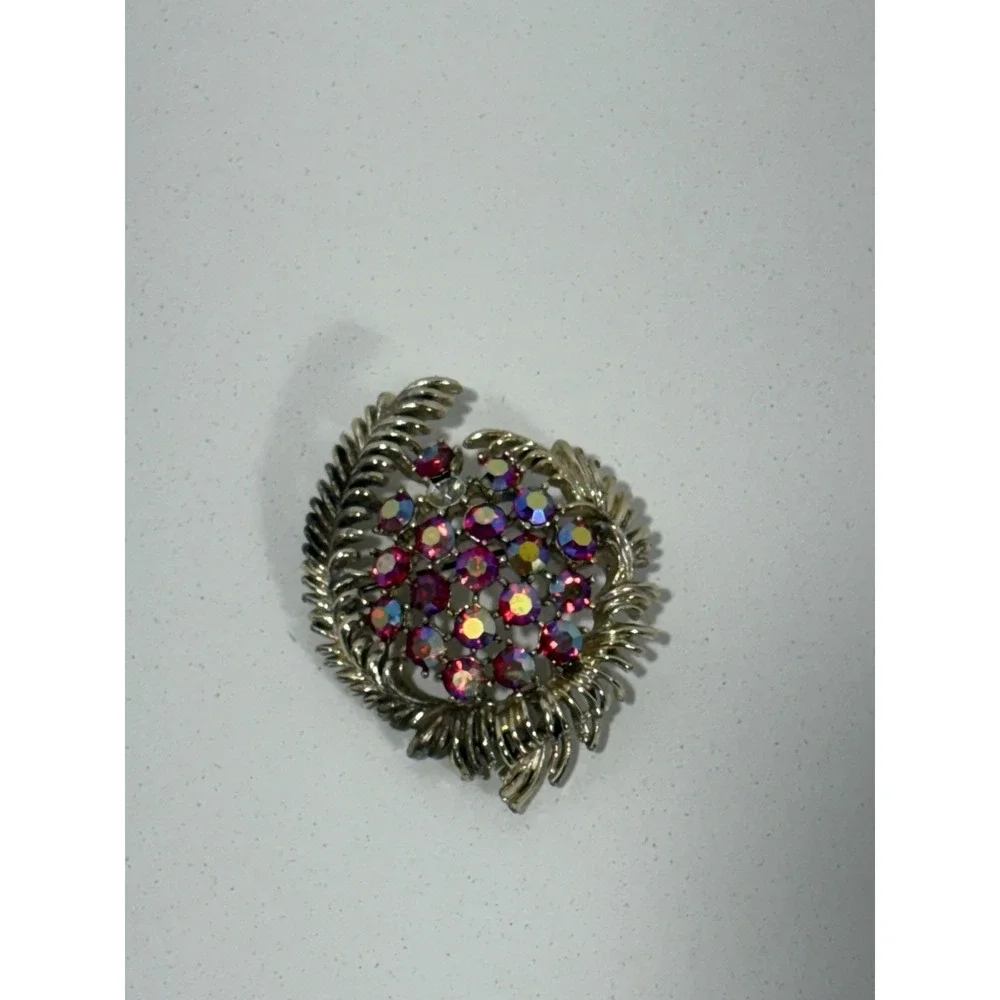 Vitntage Aurora Borealis Brooch Rhinestones Silver Tone Large Pin Gorgeous‎